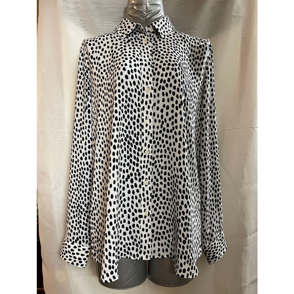 Women's J.Crew Blouse, Size L, White & Black, long sleeves, EUC
